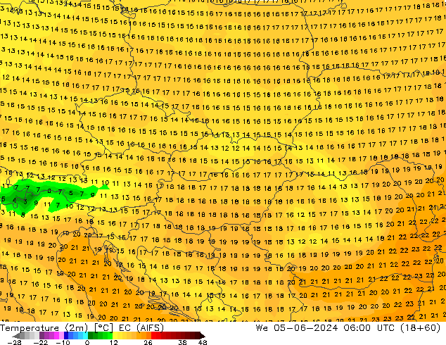 Temperatura (2m) EC (AIFS) mié 05.06.2024 06 UTC