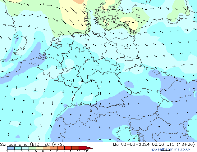 Surface wind (bft) EC (AIFS) Mo 03.06.2024 00 UTC