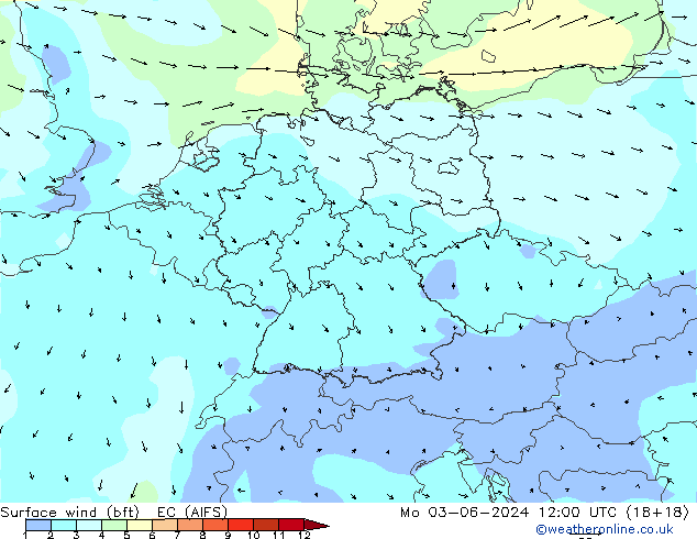 Surface wind (bft) EC (AIFS) Po 03.06.2024 12 UTC