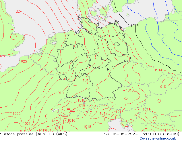 Atmosférický tlak EC (AIFS) Ne 02.06.2024 18 UTC