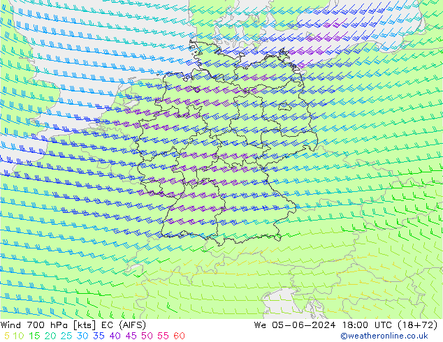 Vento 700 hPa EC (AIFS) mer 05.06.2024 18 UTC