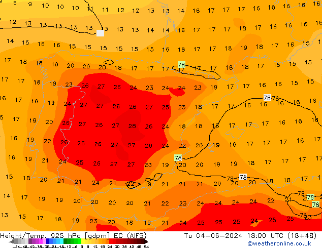 Height/Temp. 925 hPa EC (AIFS) wto. 04.06.2024 18 UTC