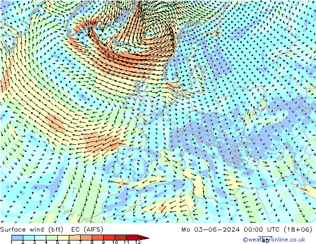 Surface wind (bft) EC (AIFS) Mo 03.06.2024 00 UTC
