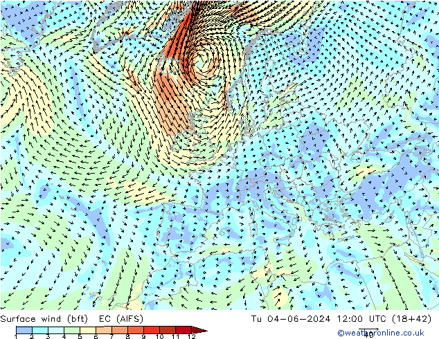 Surface wind (bft) EC (AIFS) Tu 04.06.2024 12 UTC