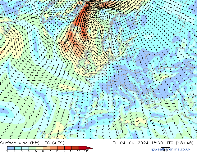 Wind 10 m (bft) EC (AIFS) di 04.06.2024 18 UTC