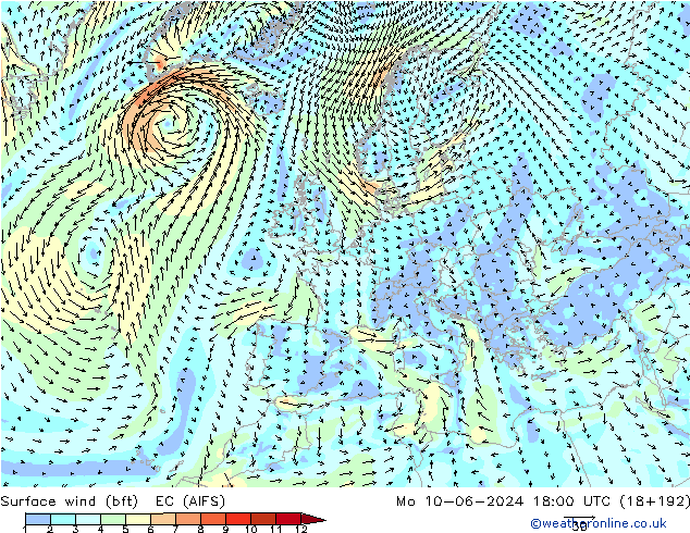 Viento 10 m (bft) EC (AIFS) lun 10.06.2024 18 UTC