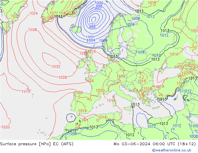 Surface pressure EC (AIFS) Mo 03.06.2024 06 UTC