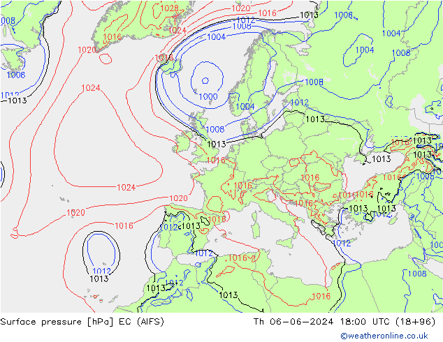 Atmosférický tlak EC (AIFS) Čt 06.06.2024 18 UTC