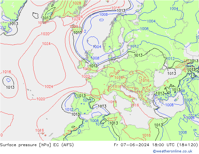 Atmosférický tlak EC (AIFS) Pá 07.06.2024 18 UTC