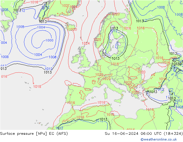 Atmosférický tlak EC (AIFS) Ne 16.06.2024 06 UTC