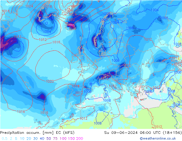 Precipitation accum. EC (AIFS) Dom 09.06.2024 06 UTC