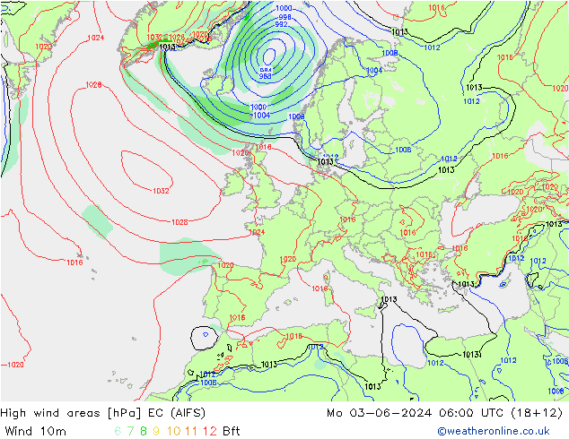 High wind areas EC (AIFS) lun 03.06.2024 06 UTC