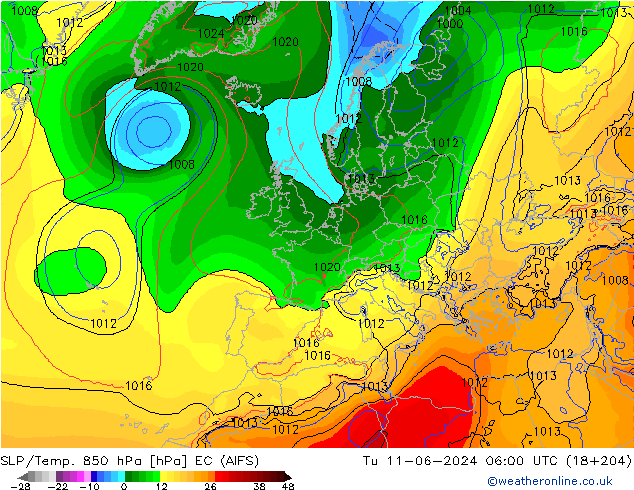 SLP/Temp. 850 hPa EC (AIFS) Tu 11.06.2024 06 UTC