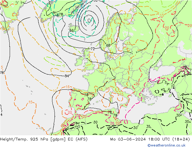 Height/Temp. 925 hPa EC (AIFS) Mo 03.06.2024 18 UTC