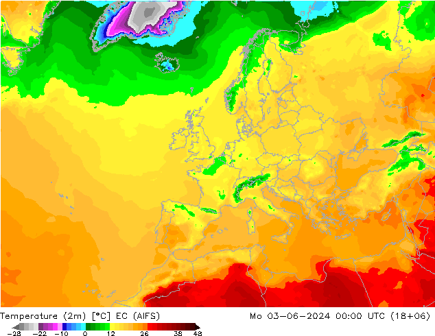 Temperature (2m) EC (AIFS) Po 03.06.2024 00 UTC