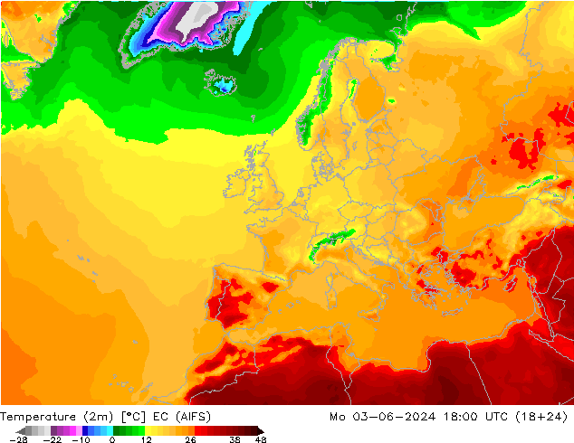 Temperature (2m) EC (AIFS) Mo 03.06.2024 18 UTC