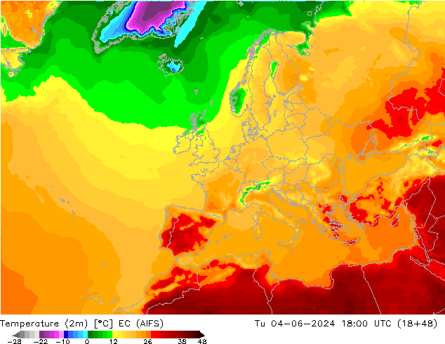 Temperature (2m) EC (AIFS) Út 04.06.2024 18 UTC
