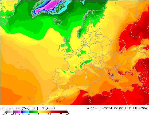 Sıcaklık Haritası (2m) EC (AIFS) Sa 11.06.2024 06 UTC