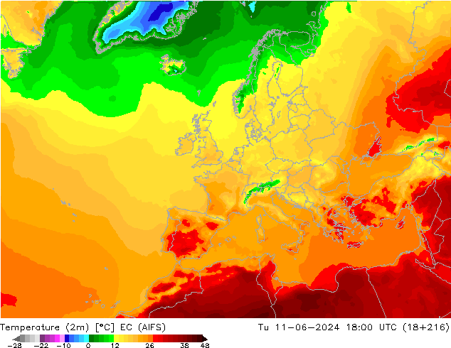Temperatura (2m) EC (AIFS) mar 11.06.2024 18 UTC