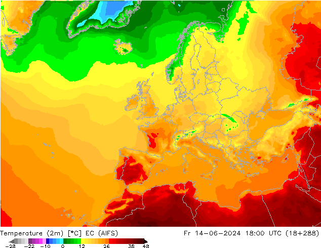 Temperature (2m) EC (AIFS) Fr 14.06.2024 18 UTC