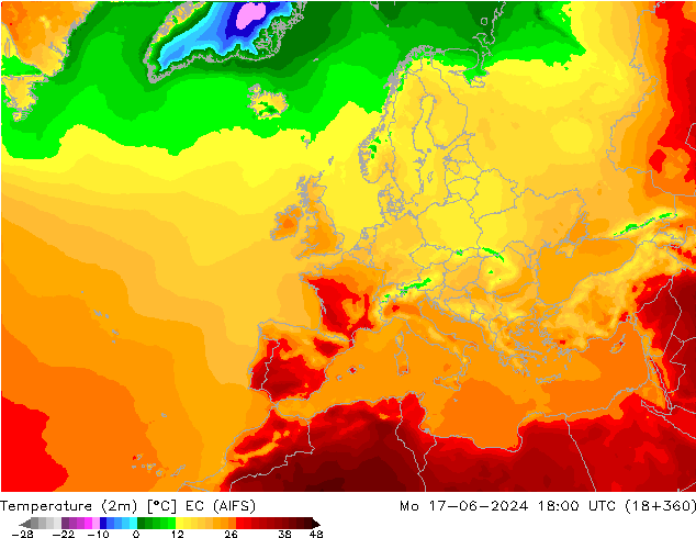 Temperature (2m) EC (AIFS) Mo 17.06.2024 18 UTC