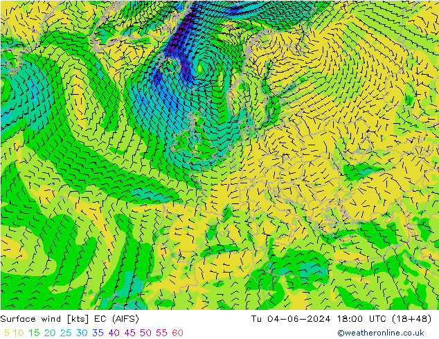 Wind 10 m EC (AIFS) di 04.06.2024 18 UTC