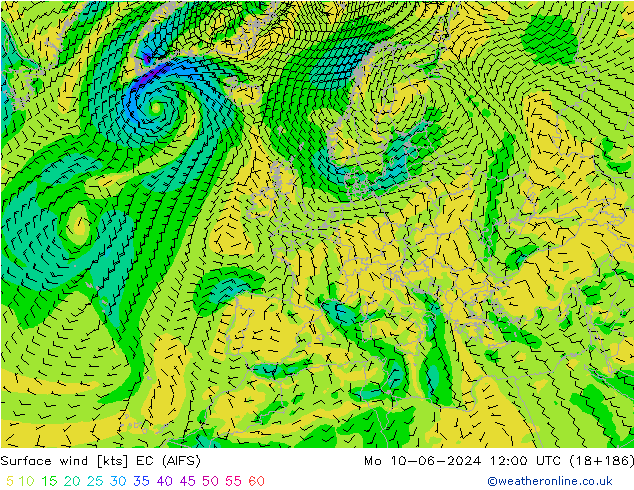 Surface wind EC (AIFS) Mo 10.06.2024 12 UTC