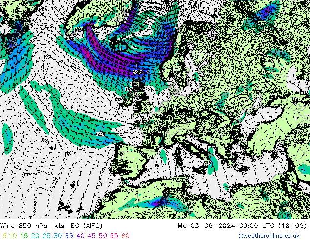 Viento 850 hPa EC (AIFS) lun 03.06.2024 00 UTC