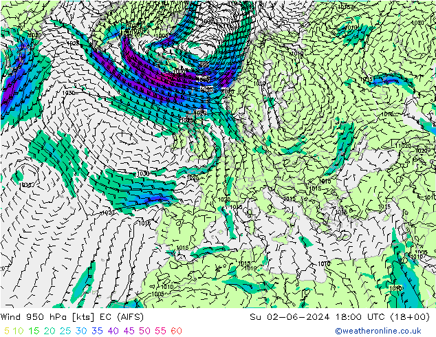 Wind 950 hPa EC (AIFS) Su 02.06.2024 18 UTC