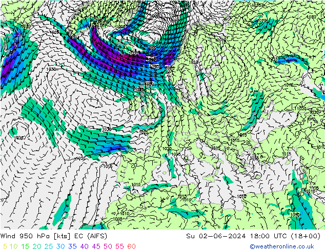 Viento 950 hPa EC (AIFS) dom 02.06.2024 18 UTC