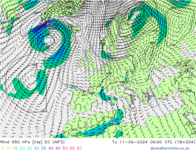 Rüzgar 950 hPa EC (AIFS) Sa 11.06.2024 06 UTC