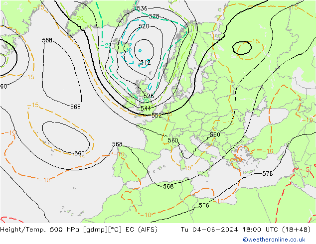 Height/Temp. 500 hPa EC (AIFS) wto. 04.06.2024 18 UTC