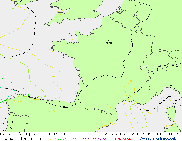 Isotachs (mph) EC (AIFS) lun 03.06.2024 12 UTC