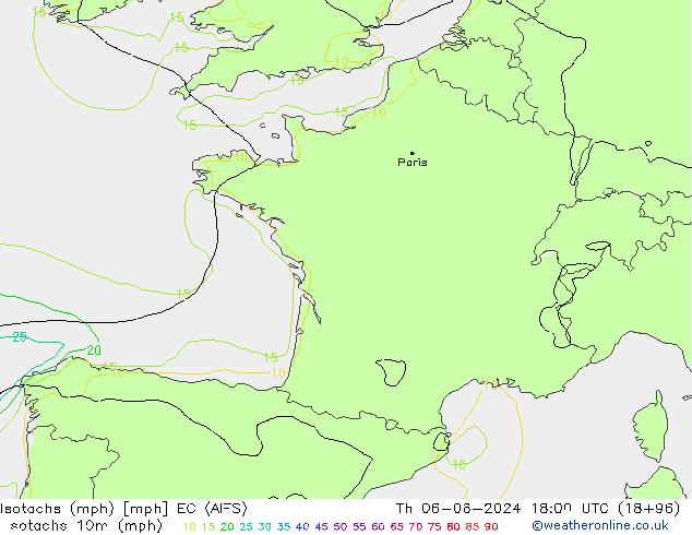 Isotachen (mph) EC (AIFS) do 06.06.2024 18 UTC