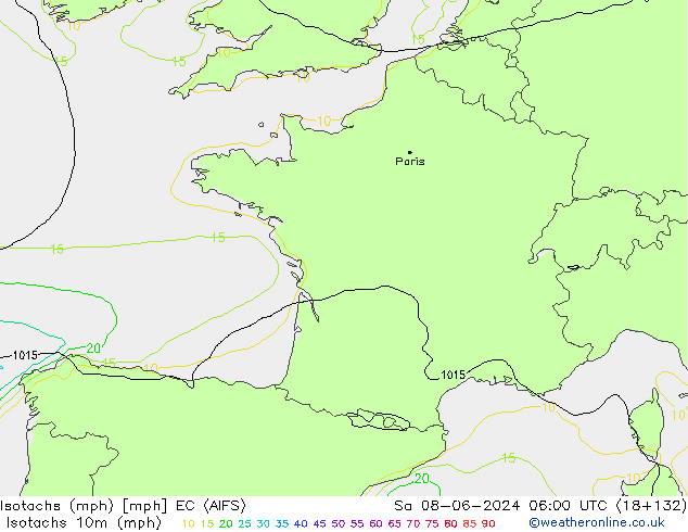Isotachs (mph) EC (AIFS) sab 08.06.2024 06 UTC