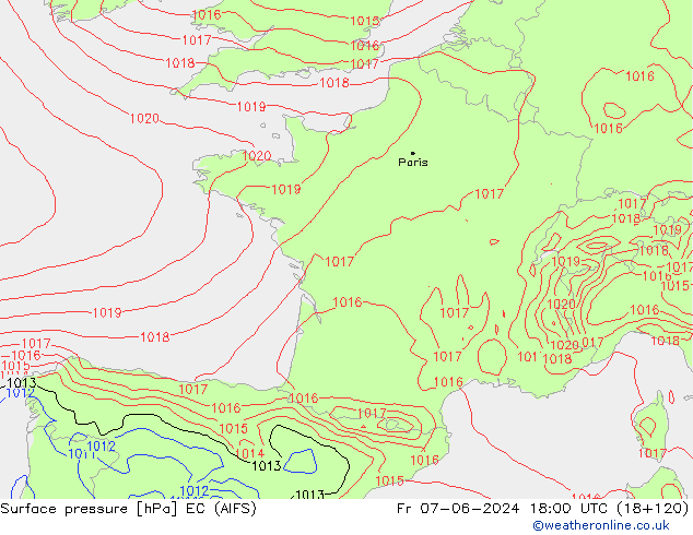 Presión superficial EC (AIFS) vie 07.06.2024 18 UTC
