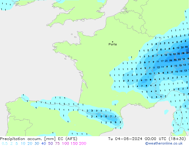 Precipitation accum. EC (AIFS) Tu 04.06.2024 00 UTC
