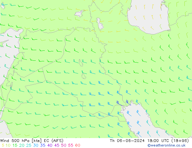 Wind 500 hPa EC (AIFS) Čt 06.06.2024 18 UTC