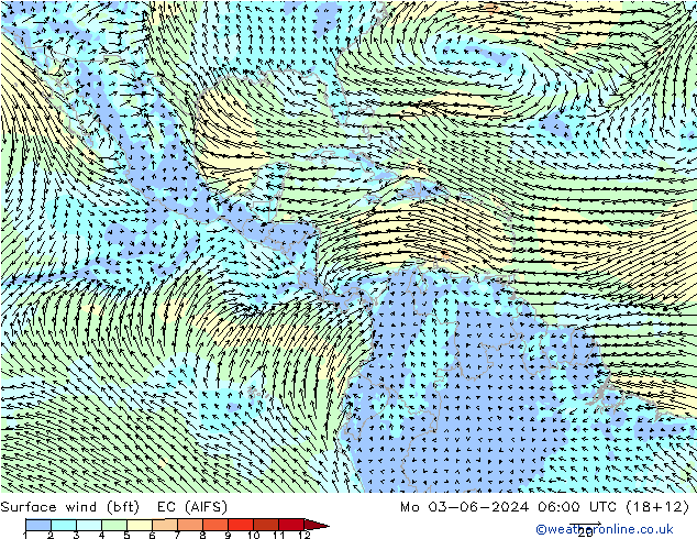 Surface wind (bft) EC (AIFS) Po 03.06.2024 06 UTC
