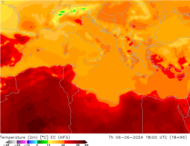 Temperatura (2m) EC (AIFS) Qui 06.06.2024 18 UTC