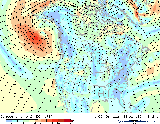 wiatr 10 m (bft) EC (AIFS) pon. 03.06.2024 18 UTC