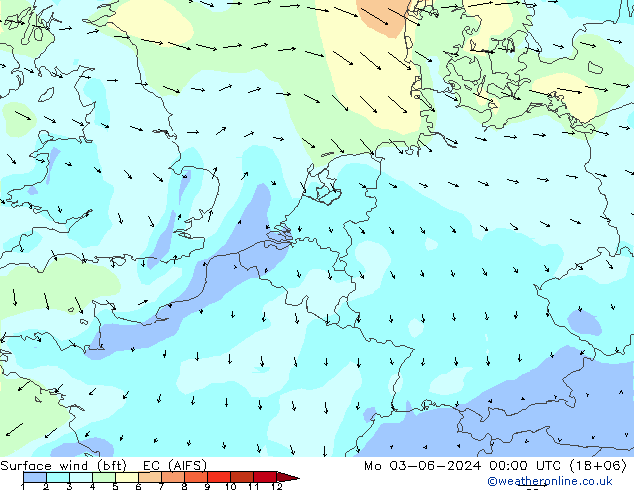 �N 10 米 (bft) EC (AIFS) 星期一 03.06.2024 00 UTC