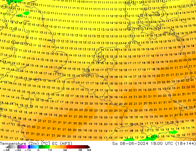 Sıcaklık Haritası (2m) EC (AIFS) Cts 08.06.2024 18 UTC