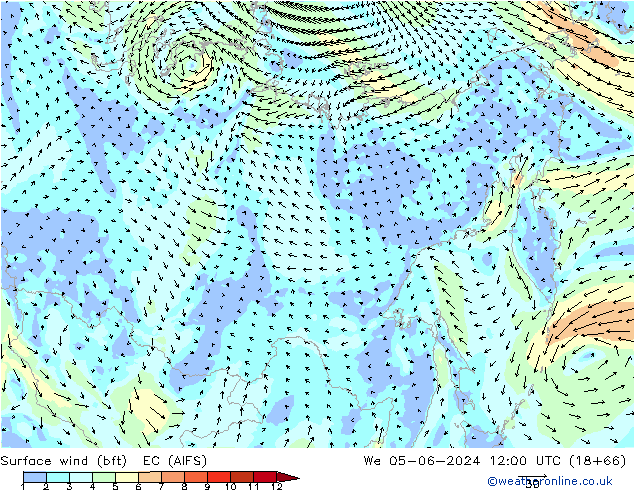 Vent 10 m (bft) EC (AIFS) mer 05.06.2024 12 UTC