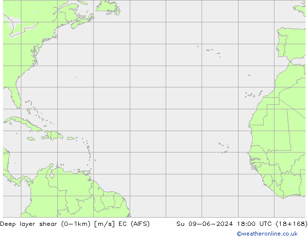 Deep layer shear (0-1km) EC (AIFS) dom 09.06.2024 18 UTC