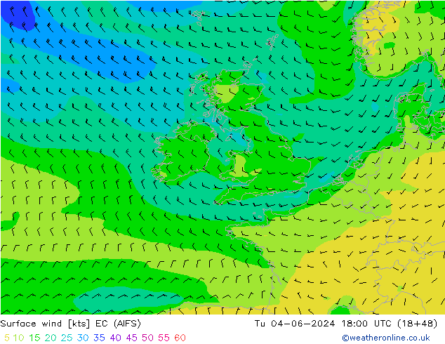 Vento 10 m EC (AIFS) Ter 04.06.2024 18 UTC