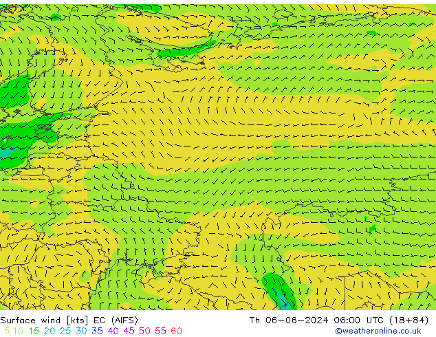 Surface wind EC (AIFS) Čt 06.06.2024 06 UTC