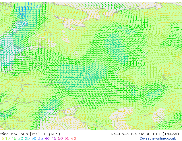 Rüzgar 850 hPa EC (AIFS) Sa 04.06.2024 06 UTC