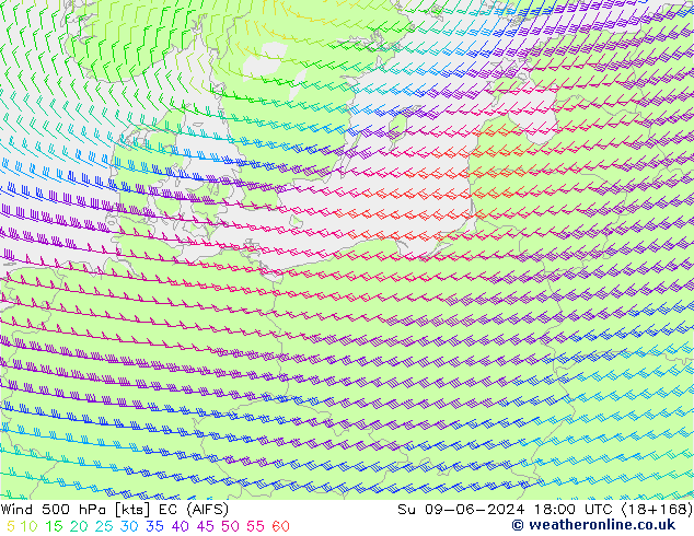 Wind 500 hPa EC (AIFS) zo 09.06.2024 18 UTC