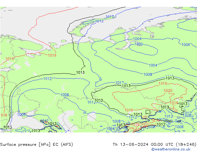 Pressione al suolo EC (AIFS) gio 13.06.2024 00 UTC